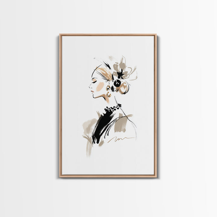 Black and White Line Art Salon Figure Framed Canvas Print, Hair Salon Art, African Art, Living Room Decor, Fine Art, Style, HSA-2x3-87