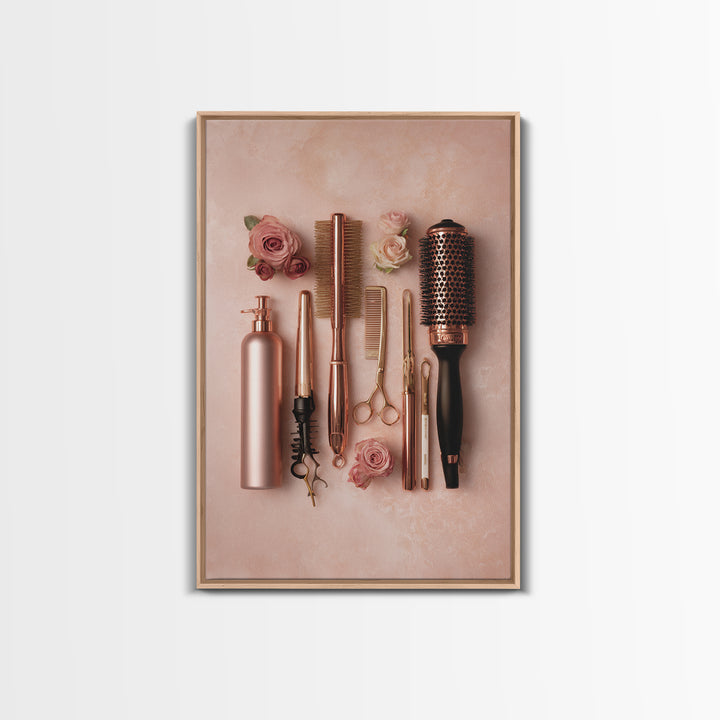 Rose Gold Salon Tool Still Life Framed Canvas Print, Hair Salon Art, Metal Wall Art, Living Room Decor, Fine Art, Style, HSA-2x3-94