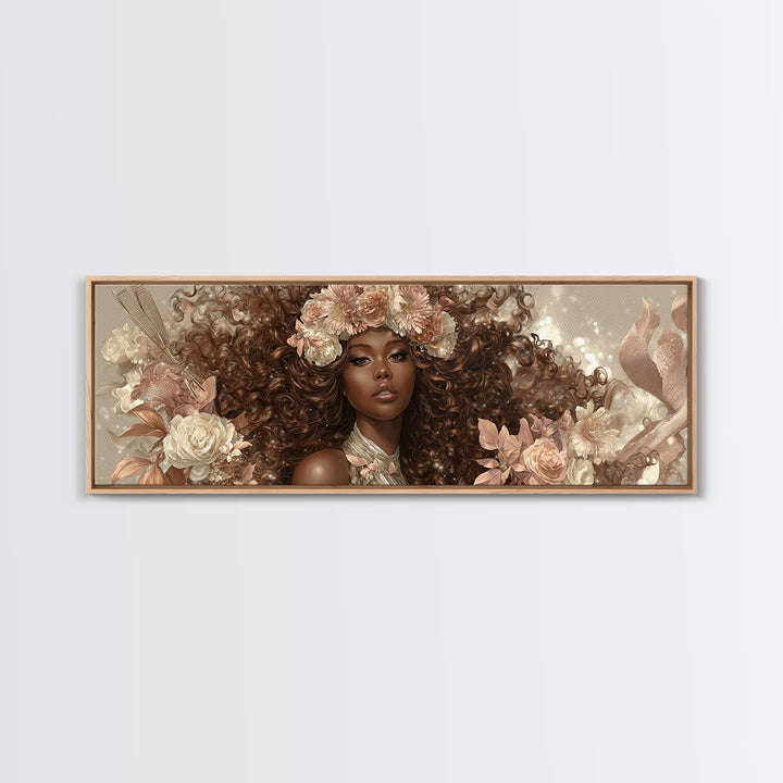 Afro Hair Portrait Framed Canvas Print, Hair Salon Art, Statement Artwork, Living Room Decor, Oil Painting, Style, HSA-3x1-60