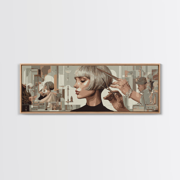 Woman with Dramatic Bob Haircut in Art Framed Canvas Print, Hair Salon Art, Contemporary Art, Living Room Decor, Style, HSA-3x1-68