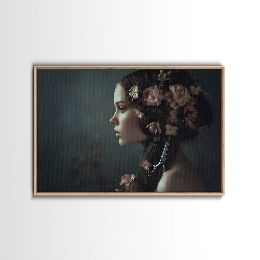 Botanical Hairstyle Portrait Framed Canvas Print, Hair Salon Art, Modern Art, Living Room Decor, Oil Painting, Style, HSA-3x2-10