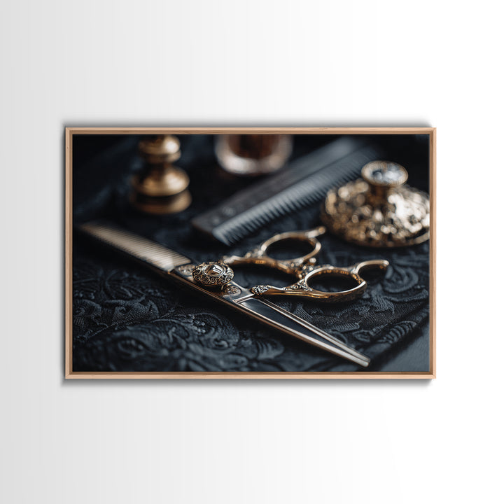 Luxury Black and Gold Beauty Emblem Framed Canvas Print, Hair Salon Art, Modern Decor, Living Room Decor, Oil Painting, Style, HSA-3x2-100