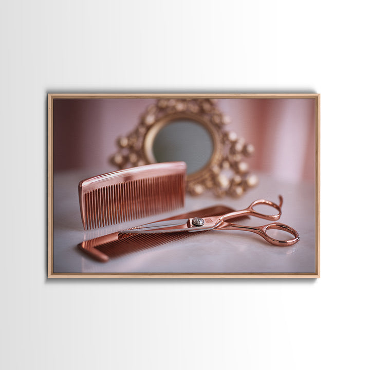 Rose Gold Salon Tool Still Life Framed Canvas Print, Hair Salon Art, Metal Wall Art, Living Room Decor, Fine Art, Style, HSA-3x2-18