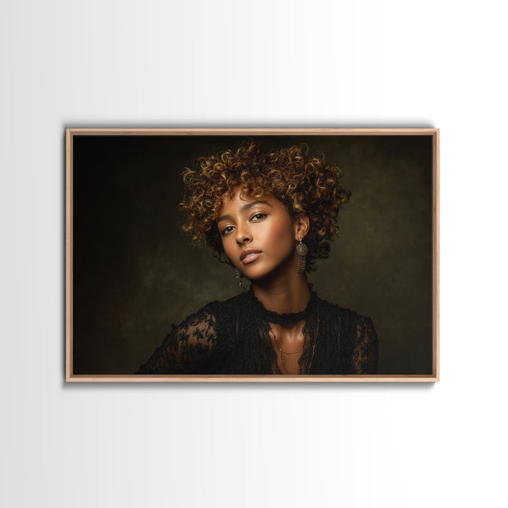 Curly Hair Portrait Framed Canvas Print, Hair Salon Art, Afrocentric Art, Living Room Decor, Fine Art, Style, Statement Artwork, HSA-3x2-19