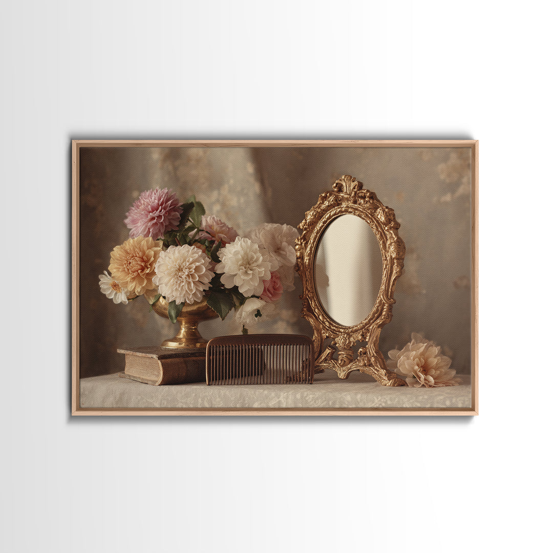 Baroque Mirror and Comb Still Life Canvas Print, Hair Salon Art, Black Owned Art, Living Room Decor, Fine Art, Style, HSA-3x2-21