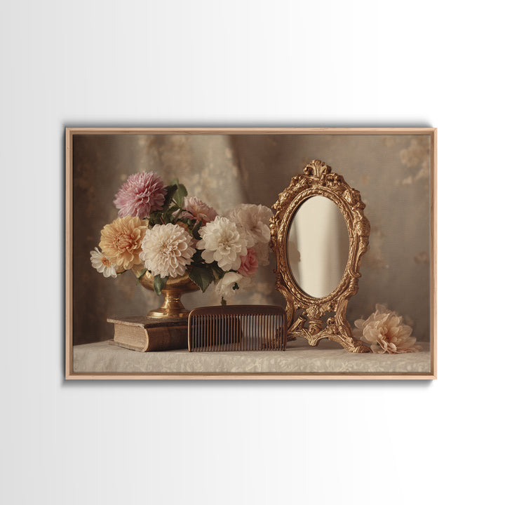 Baroque Mirror and Comb Still Life Canvas Print, Hair Salon Art, Black Owned Art, Living Room Decor, Fine Art, Style, HSA-3x2-21
