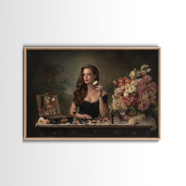 Makeup Palette and Flowers Arrangement Canvas Print, Hair Salon Art, Black Art, Living Room Decor, Watercolor Art, Style, HSA-3x2-22