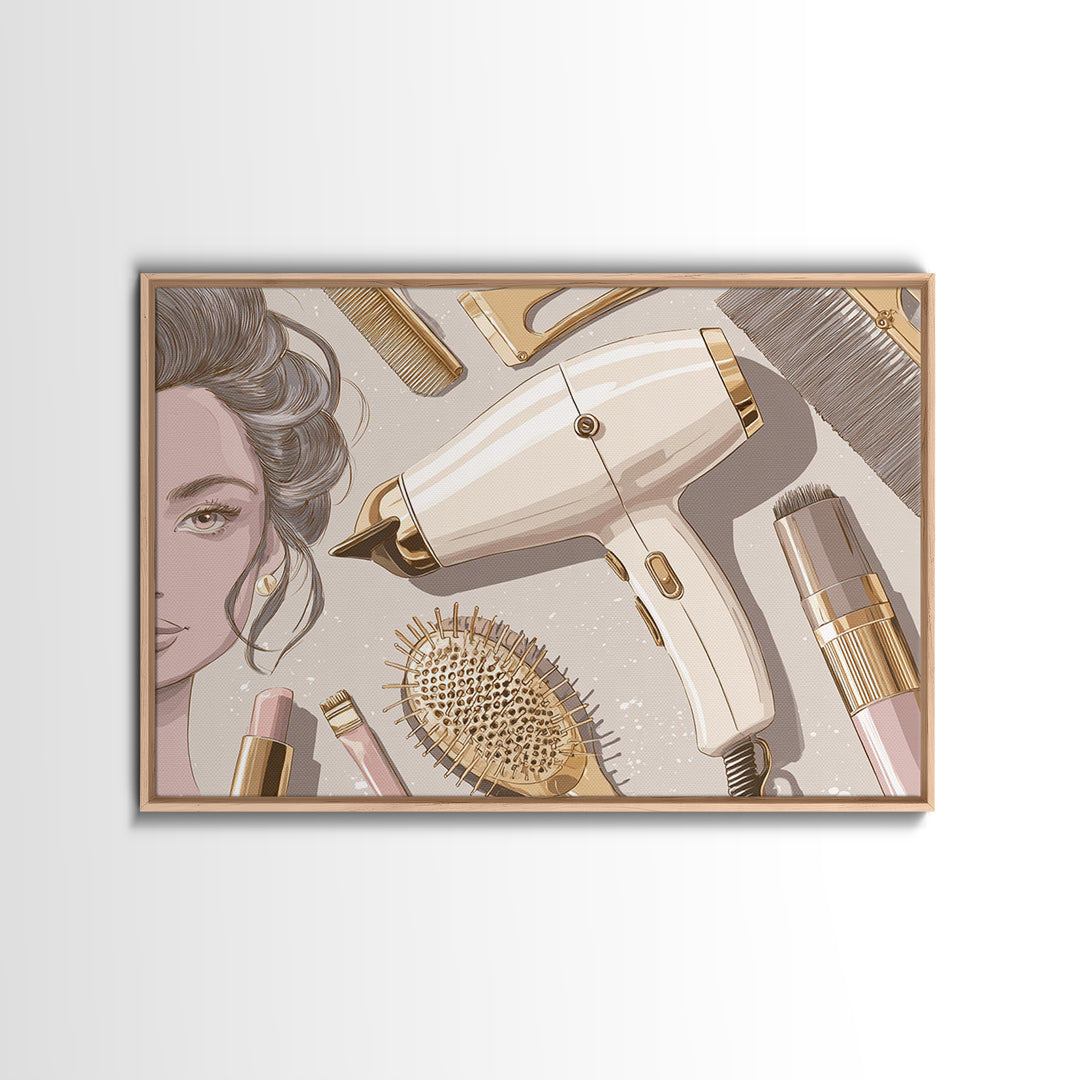 Hairdryer and Brush Canvas Print, Hair Salon Art, Black Girl Art, Living Room Decor, Oil Painting, Style, Modern Decor, HSA-3x2-37