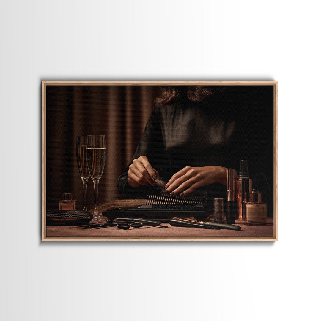 Elegant Hands Styling Hair Framed Canvas Print, Hair Salon Art, African Art, Living Room Decor, Oil Painting, Style, HSA-3x2-50
