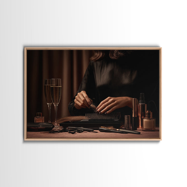 Elegant Hands Styling Hair Framed Canvas Print, Hair Salon Art, African Art, Living Room Decor, Oil Painting, Style, HSA-3x2-50
