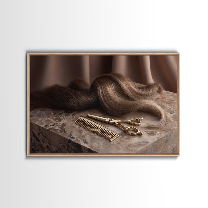 Gold Scissors and Comb Still Life on Framed Canvas Print, Hair Salon Art, Black Wall Art, Living Room Decor, Fine Art, Style, HSA-3x2-6