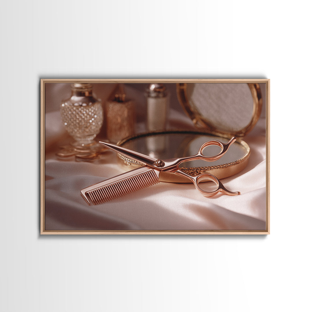 Rose Gold Salon Tool Still Life Canvas Print, Hair Salon Art, African American Art, Living Room Decor, Fine Art, Style, HSA-3x2-66