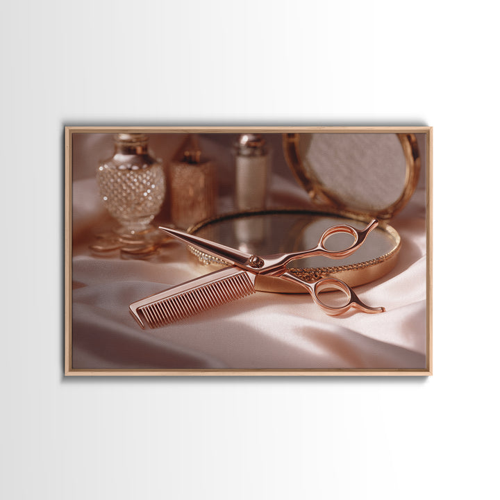 Rose Gold Salon Tool Still Life Canvas Print, Hair Salon Art, African American Art, Living Room Decor, Fine Art, Style, HSA-3x2-66