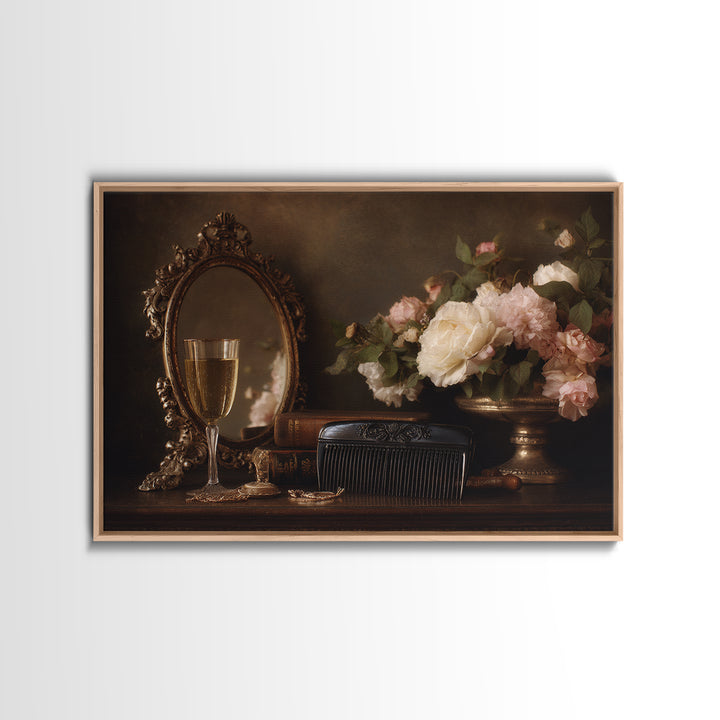 Baroque Mirror and Comb Still Life Framed Canvas Print, Hair Salon Art, Afrocentric Art, Living Room Decor, Fine Art, Style, HSA-3x2-69