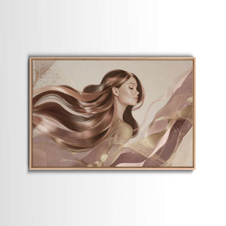 Fashion Portrait with Flowing Glossy Hair Framed Canvas Print, Hair Salon Art, Living Room Decor, Oil Painting, Style, HSA-3x2-77