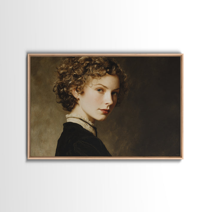 Curly Hair Portrait Framed Canvas Print, Hair Salon Art, Art, Living Room Decor, Oil Painting, Style, Black Art Prints, HSA-3x2-91