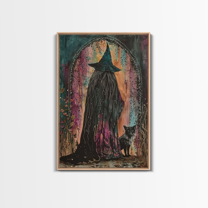 Cottage Core Witch Framed Canvas Print, Springtime Witch, Halloween Art, Halloween Decor, Colorful Halloween Witch Decor Wall Art