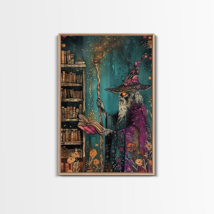 Halloween Eerie Wizard in Haunted Library Framed Canvas Print, Gothic Wall Art, Home Decor, Witchcraft Decor, Gift Idea, Enchanted Study