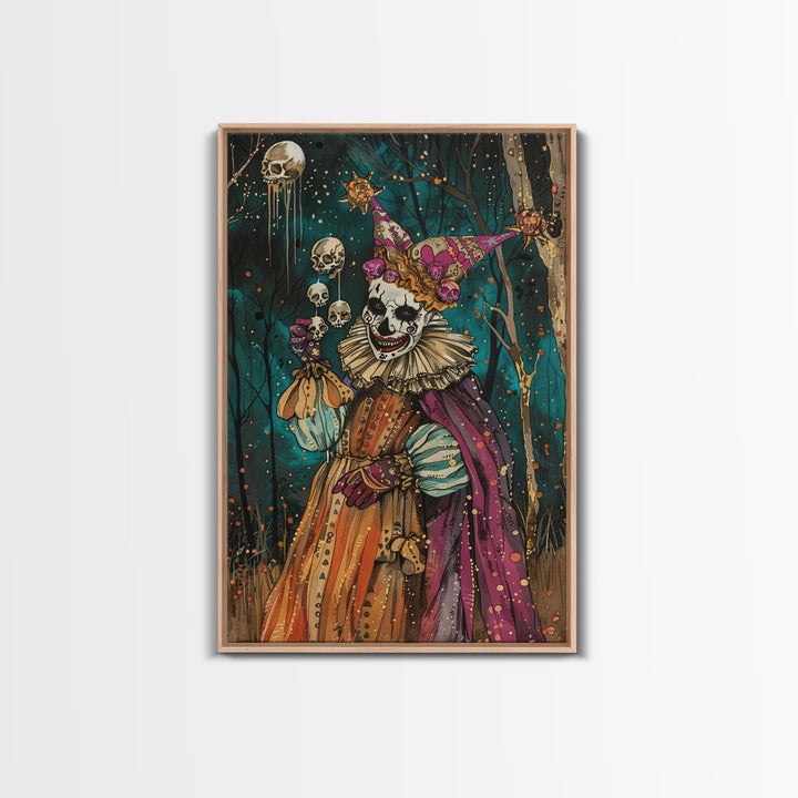 Halloween Sinister Clown in Dark Forest Framed Canvas Print, Creepy Wall Art, Home Decor, Horror Decor, Gift Idea, Spooky Carnival