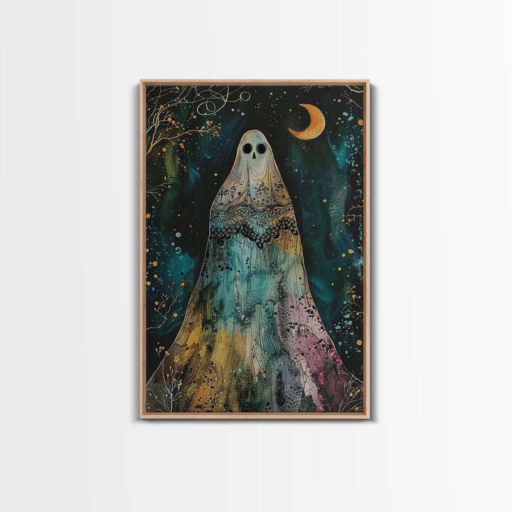 Cottage Core Ghost Decor, Cottagecore Halloween Art Framed Canvas Print, Unique Wall Art, Spooky Season Decor
