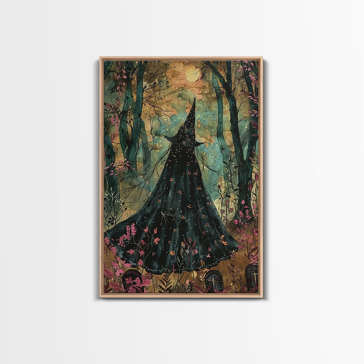 Halloween Witch in Dark Forest, Framed Canvas Print, Wall Art, Living Room Decor, Spooky, Witch Art, Original Painting, Home Decor
