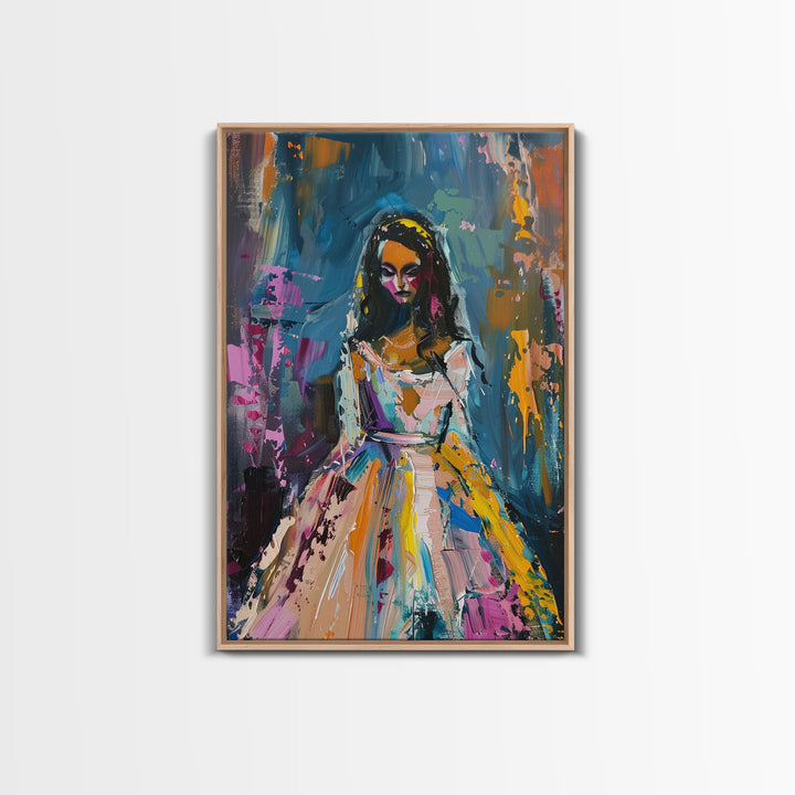 Halloween Bride with Colorful Dress, Framed Canvas Print, Wall Art, Living Room Decor, Spooky, Bride Art, Original Painting, Home Decor