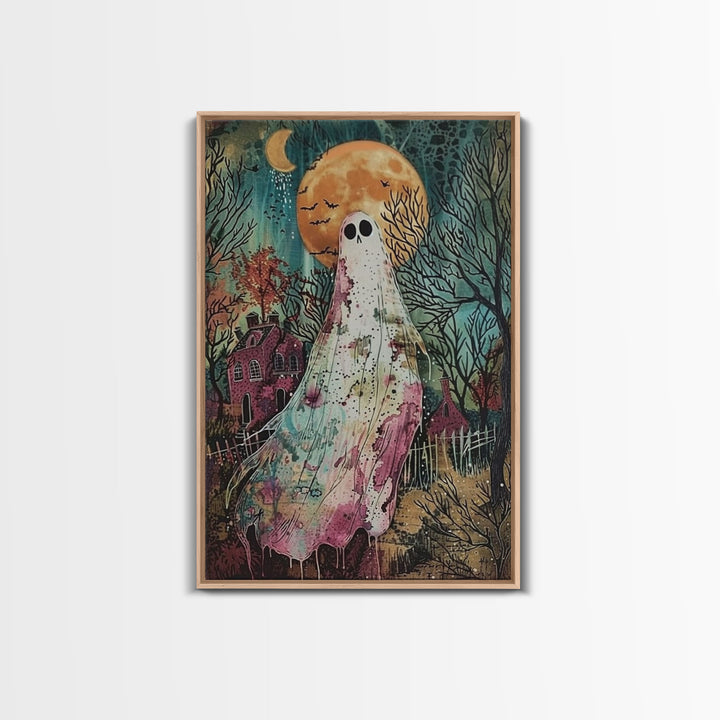 Halloween Ghost in Haunted Forest Framed Canvas Print, Spooky Decor, Living Room Art, Creepy Halloween Wall Art, Home Decoration