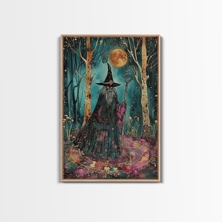 Halloween Wizard in Forest, Framed Canvas Print, Wall Art, Home Decor, Spooky Artwork, Magic Decor, Halloween Decor Painting, Holiday Decor