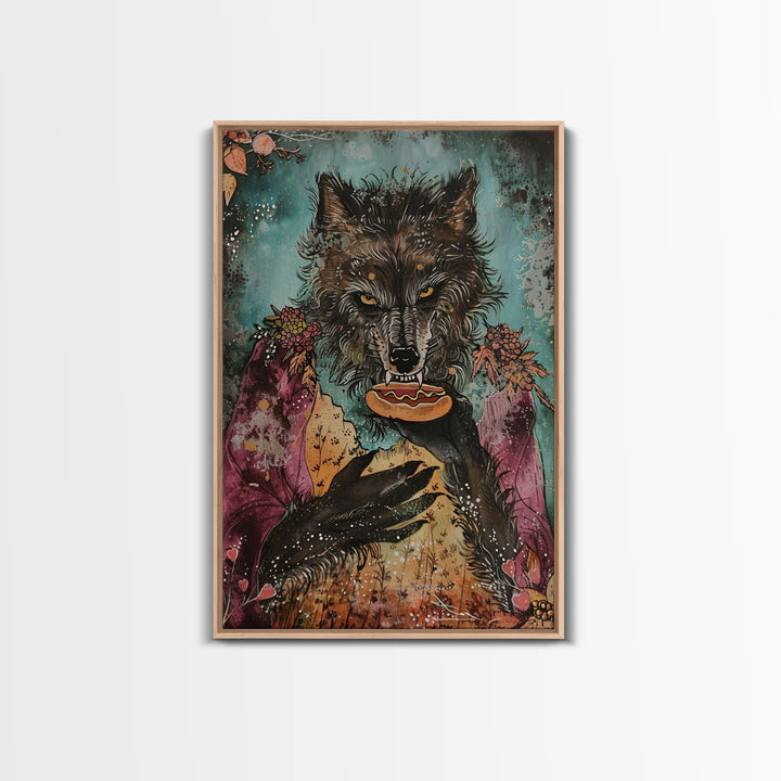 Halloween Werewolf Holding Hotdog, Framed Canvas Print, Wall Art, Home Decor, Spooky Artwork, Fantasy Decor, Halloween Decor