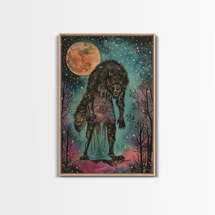 Halloween Spooky Full Moon Werewolf Framed Canvas Print, Wall Art, Living Room Decor, Halloween Decoration, Scary Wall Hanging, Haunted Art