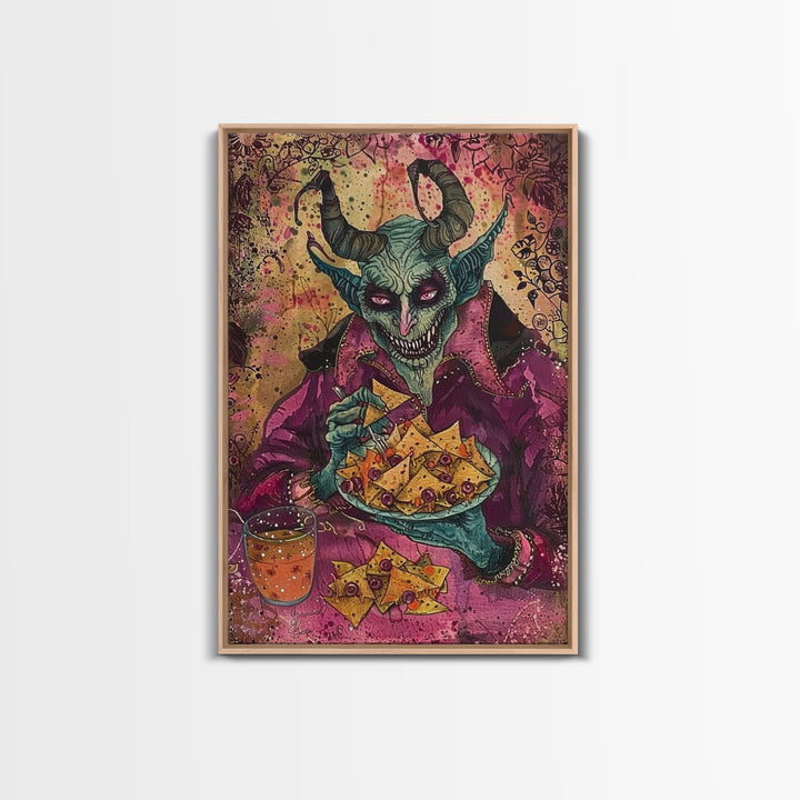 Spooky Demon Eating Chips Framed Canvas Print, Halloween Art, Unique Wall Art, Creepy Home Decor, Scary Art, Spooky Living Room Decor