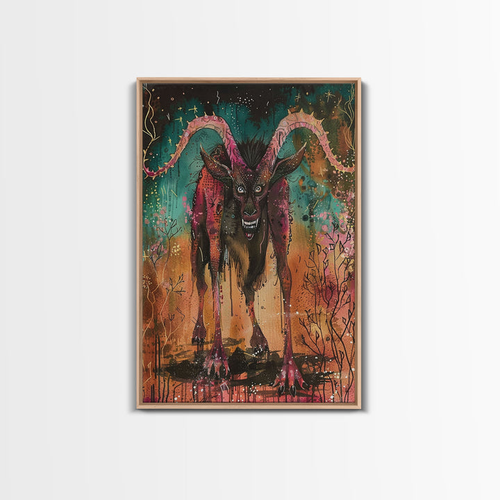 Spooky Goat Demon in the Woods Framed Canvas Print, Halloween Art, Creepy Wall Art Spooky Home Decor, Scary Art Mysterious Living Room Decor