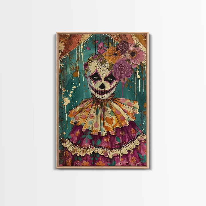 Day of the Dead Doll with Floral Crown Framed Canvas Print, Halloween Art, Creepy Wall Art, Spooky Home Decor, Scary Art, Unique Wall Decor