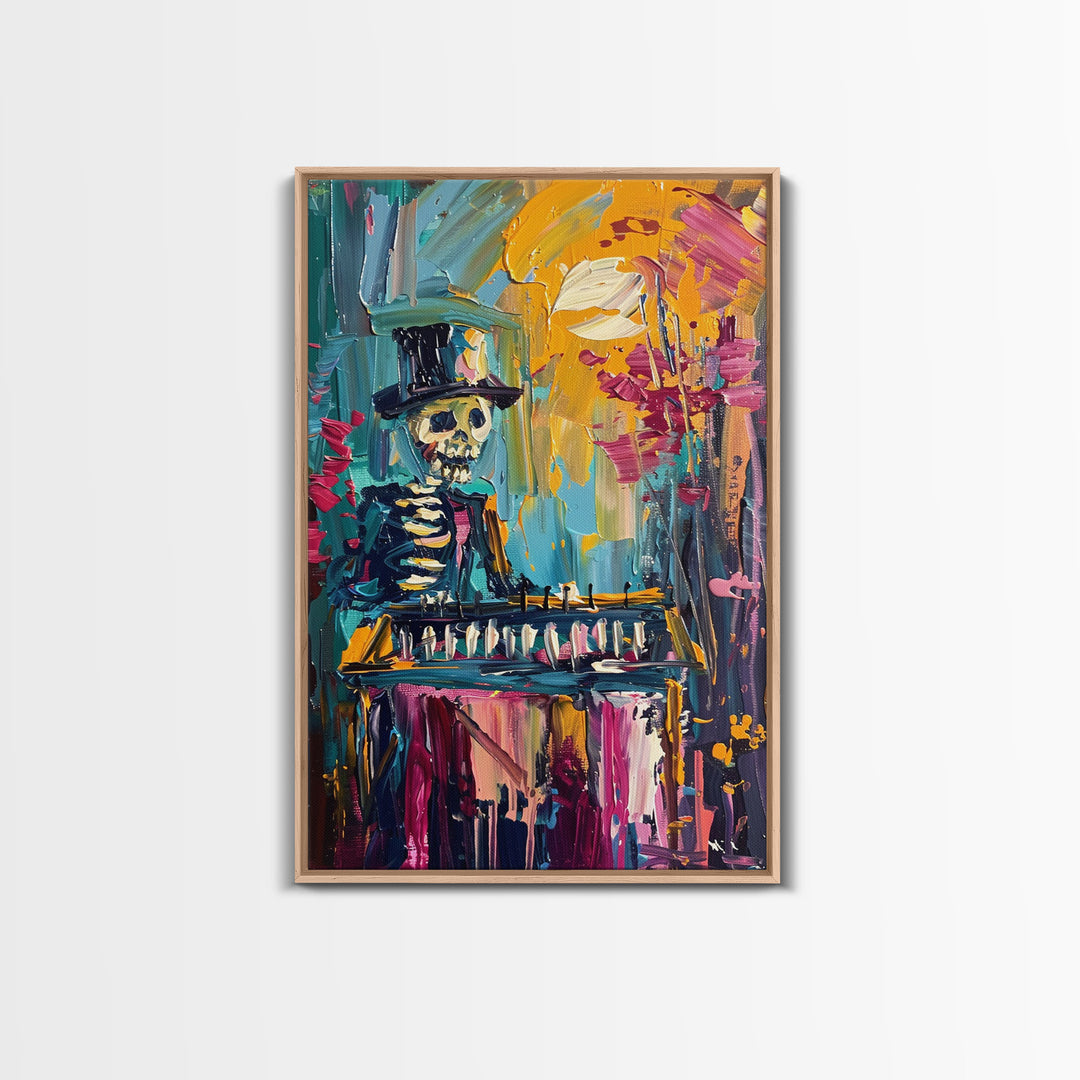 Colorful Skeleton with Top Hat Framed Canvas Print, Halloween Art, Creepy Wall Art, Spooky Home Decor, Scary Art, Vibrant Living Room Decor