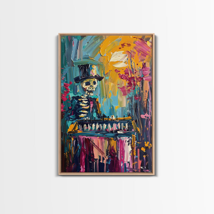 Colorful Skeleton with Top Hat Framed Canvas Print, Halloween Art, Creepy Wall Art, Spooky Home Decor, Scary Art, Vibrant Living Room Decor