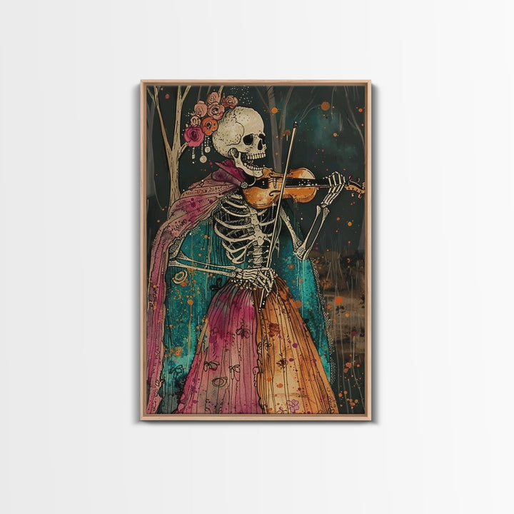 Day of the Dead Skeleton Playing Violin - Colorful Skeleton Art - Dia de los Muertos Inspired Print - Halloween Skeleton Decor