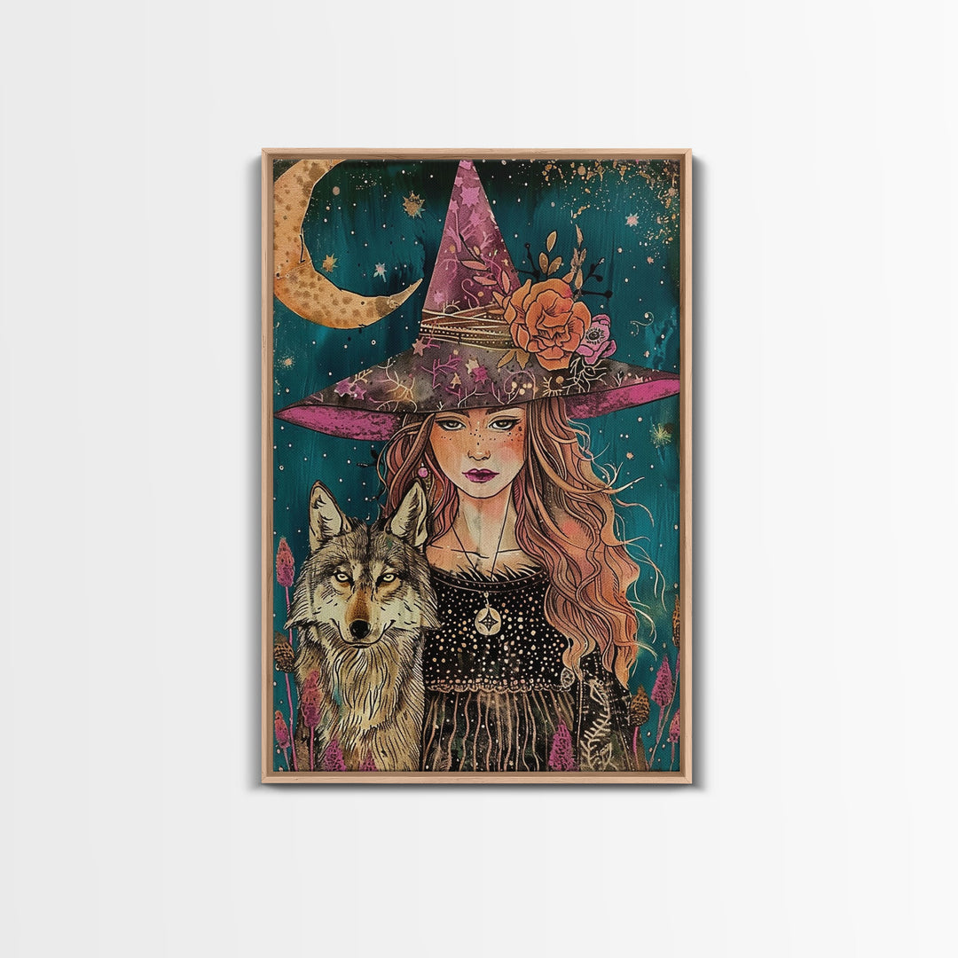 Cottage Core Witch Portrait Framed Canvas Print, Witch Art, Witch and Wolf Familiar, Colorful Springtime Witch Art