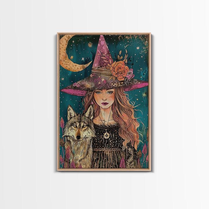 Cottage Core Witch Portrait Framed Canvas Print, Witch Art, Witch and Wolf Familiar, Colorful Springtime Witch Art