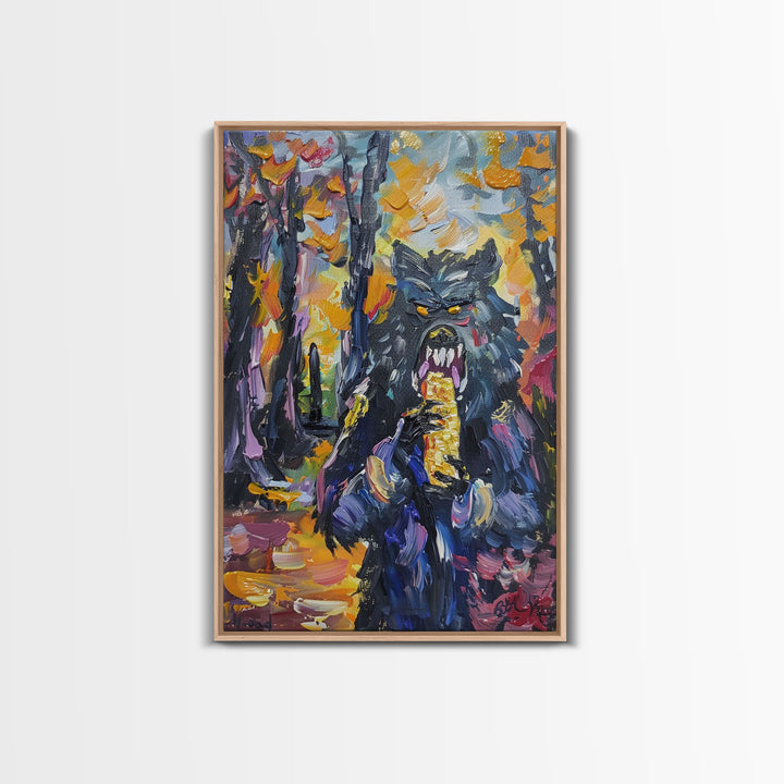 Halloween Art with a Man Holding a Hamburger, Capturing Horror and Humor in One Spooky Wall Art Piece