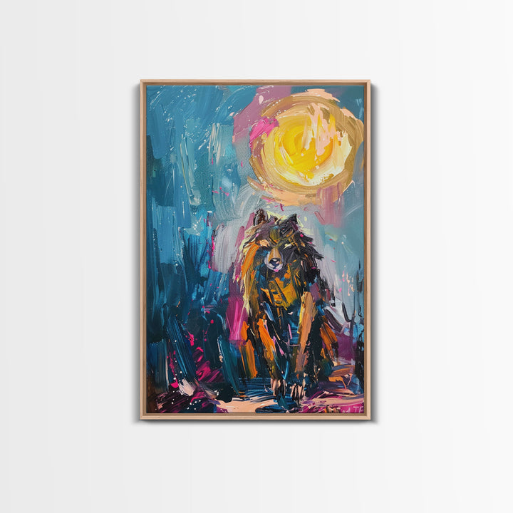 Halloween Art of a Werewolf in a Dress Eating Pizza Under the Moonlight, Perfect for Adding a Playful Touch to Spooky Decor
