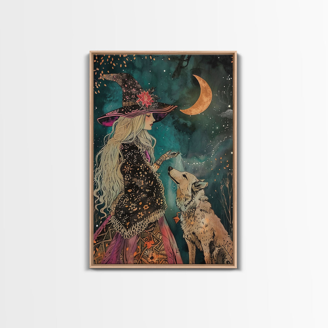 Mystical Witch and Wolf Under Crescent Moon - Halloween Wall Art - Spooky Home Decor - Perfect Halloween Gift - Witch and Wolf Painting