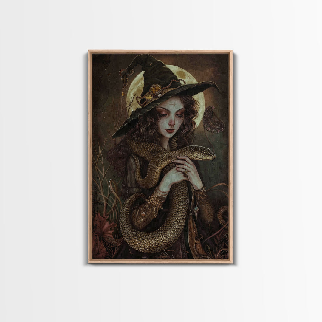 Witch Holding Snake under Full Moon - Dark Forest Sorcery Gothic Art Framed Canvas Print, Halloween Witchy Decor