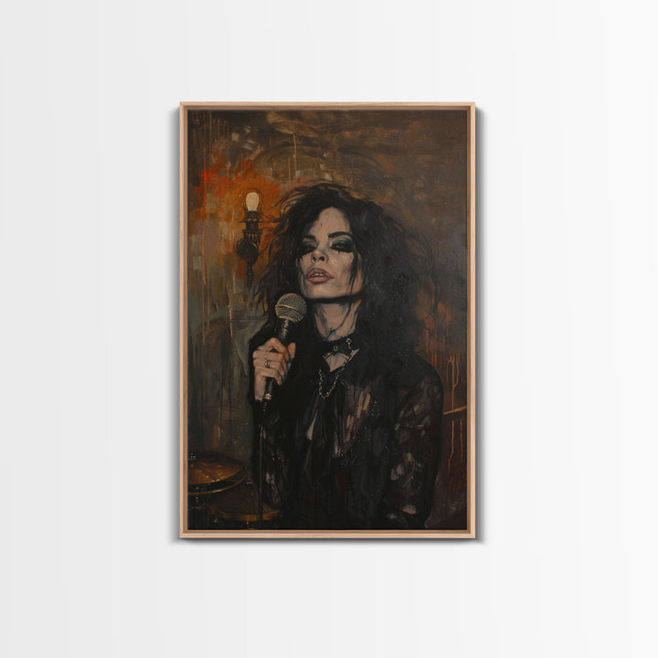 Gothic Singer with Dark Makeup - Halloween Art, Gothic Art, Spooky Decor Haunted Concert Dark Music Art, Eerie Portrait, Framed Canvas Print