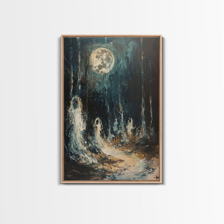 Ghostly Figures in Forest, Halloween Art Print, Spooky Home Decor, Framed Canvas Print, Creepy Art, Halloween Wall Decor, Seasonal Wall Art