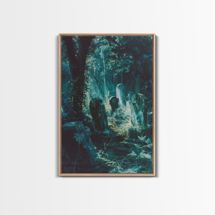 Haunted Graveyard Framed Canvas Print, Halloween Wall Art, Spooky Cemetery, Midnight Shadows, Haunted Forest, Ghostly Vibes, Gothic Decor