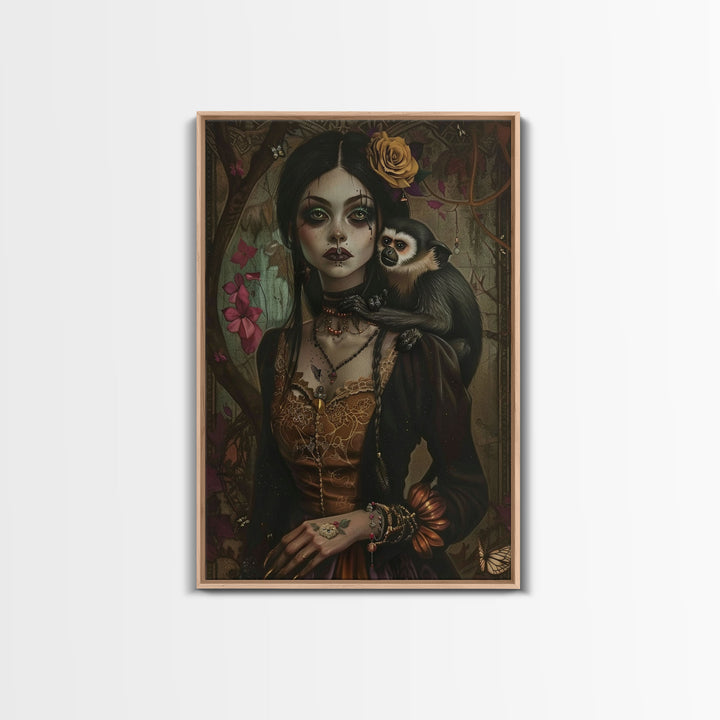 Spooky Halloween Witch Wall Art, Framed Canvas Prince, Halloween Decor, Halloween Gift Spooky Season, Cottage Core Witch and Monkey Familiar