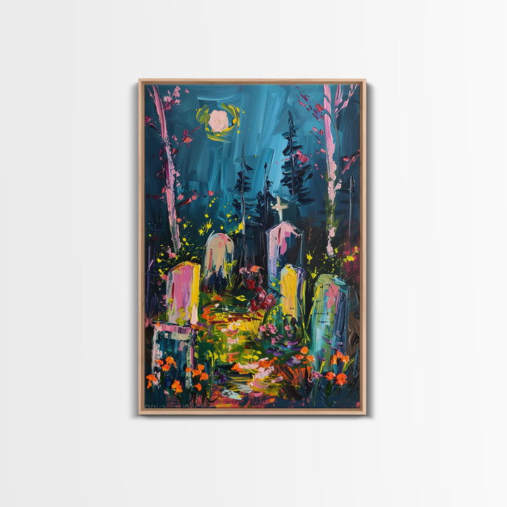 Colorful Cemetery Under Full Moon Framed Canvas Print, Wall Art, Vibrant Home Decor, Halloween Graveyard Painting Spooky Art Halloween Decor