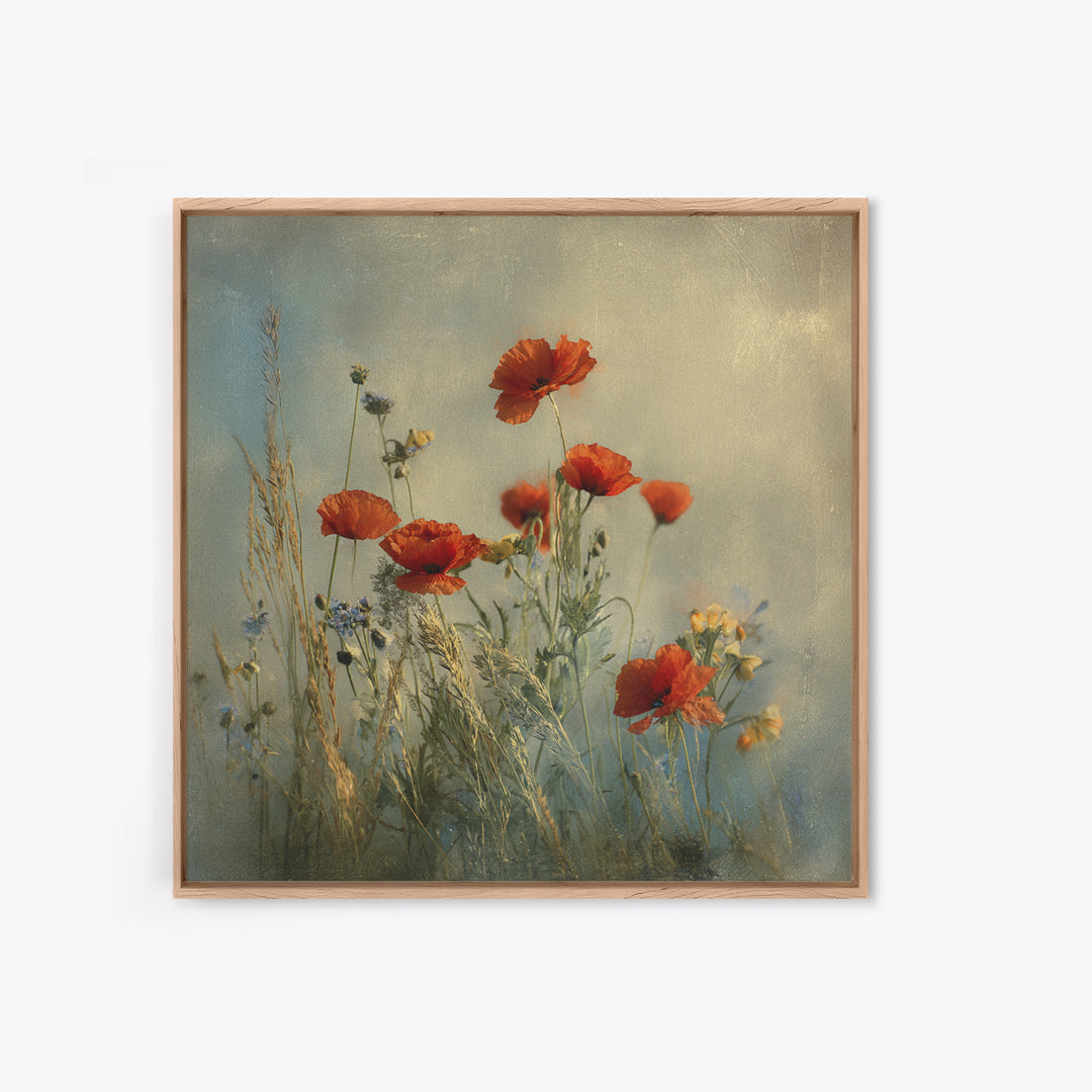 Poppies Blowing Through Green Grass Framed Canvas Print, Impressionist Art, Painting, Living Room Decor, Fine Art, Impression, IMP-1x1-12