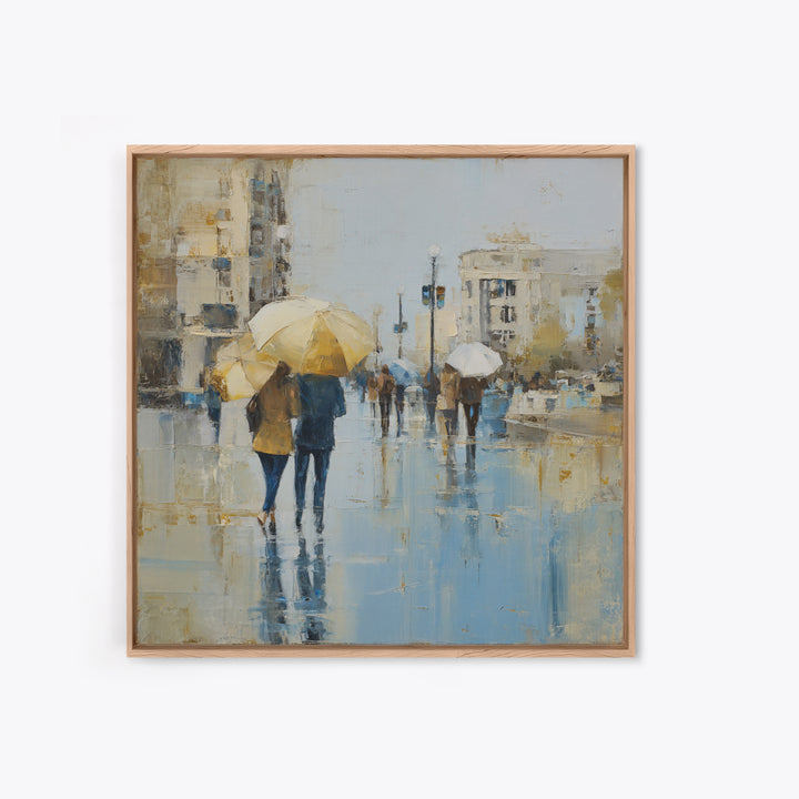 Rainy Boulevard with Umbrella Shapes Framed Canvas Print, Impressionist Art, Neutral Decor, Living Room Decor, Impression, IMP-1x1-21