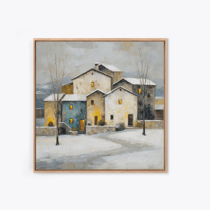 Snowy Village with Warm Glowing Windows Framed Canvas Print, Impressionist Art, Boho Decor, Living Room Decor, Oil Painting, IMP-1x1-37